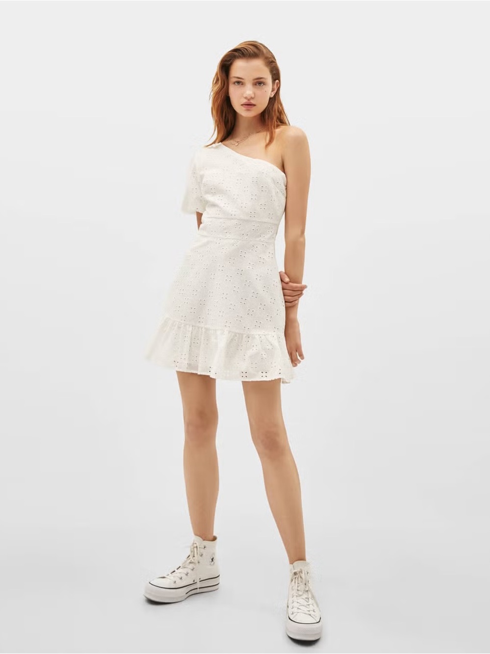 BershkaOne-Shoulder White Eyelet Mini Dress